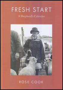 Background colour is dark orange. Text is centred and white, the main title (FRESH START) in large caps at the top, subtitled in lower case just below it. Author's name is in small caps at foot of jacket. In the middle is a large monochrome photo of a middle aged lady in a brimmed hat, wearing a cloak and carrying a tall shepherd's crook. In front of her several sheep, and part of a chap in a tweedy jacket. Behind her fields rising towards woods.
