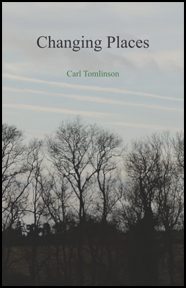 The jacket is filled with a full colour photograph of a landscape, mainly trees against a blue sky with contrails. But you can see there's a field behind the trees, and further back than that a hedge. The title is centred in the sky in medium sized lower-case black letters. About half an inch below, also centred, is the author's name, much smaller, in green lowercase.