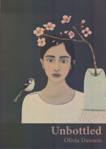 A brown cover with a painting of a woman and flowers, a bird on her shoulder. Lettering below this on right hand side