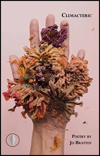 Background is pale pink. A large full colour photograph of a hand almost fills the jacket, palm up with the palm full of fire cones and what look like dried flowers. The title is in small black caps top right, right justified. The bottom right hand corner, over two lines, holds the words 'Poetry by Jo Bratten' in slightly small black caps.  The publisher's logo (a white fountain pen nib) is inside a small black rimmed circle bottom left corner.