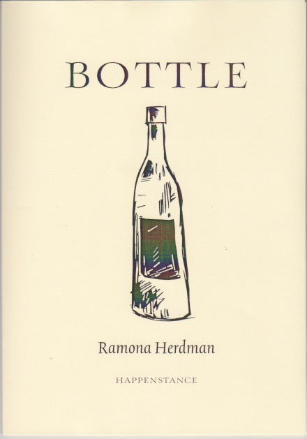 The jacket is cream coloured, A5. The title BOTTLE is in large caps in the top quarter. Below it, centred, is a drawing of a bottle, a little sketchy with a sketchy label. An old style bottle. The author's name is centred in small italics below this.