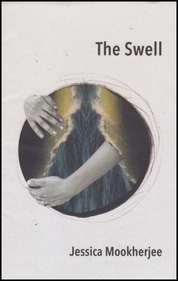 Cover jacket with a white background. Title, black lower case is justified right at the top. Name of poet underneath it right down at the bottom, again right justified and black. In more or less the middle or just below of the pamphlet, there is a full colour graphic. It is circular and shows a woman's belly, I think, with her left arm across it and cupping what I imagine is a pregnant swell, and the other hand cups at the top. Her belly is covered by blue folds of material and another cover laps across the sides -- a jacket or cardigan maybe. You can't see any more of her than is revealed in this circle.