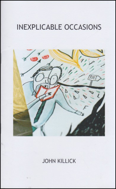 A5 vertical pamphlet with white background. There is a full colour square illustration in the middle which is a hand drawn cartoon of the author, wearing a tie and reading from a small square book. I think the sky overhead is flashing lightning and it is raining. About an inch and a half from the top the title is in fairly large caps INEXPLICABLE OCCASIONS. The author's name (both pieces of text are centred) is about the same distance up from the bottom, but in much smaller caps.