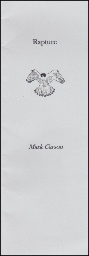 Jacket of very tall long thin pamphlet. Title, Rapture, in black lower case about two inches down from the top. Below that a black drawing of a hawk hovering. About two and a half inches below that the author's name, centred, black italics, a little smaller than the title. The background colour is grey.