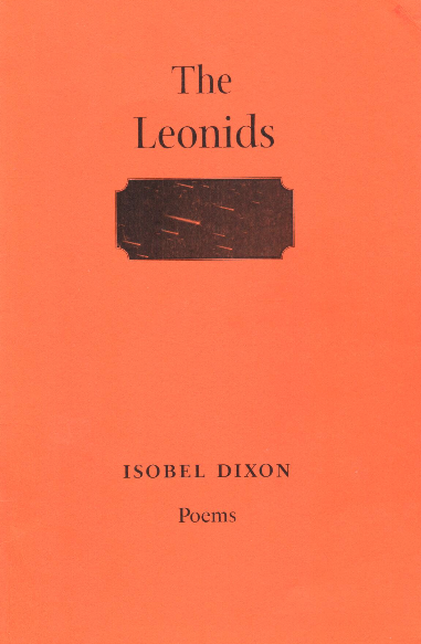 Cover of pamphlet which is a sort of sandy orange colour with black print. the title is lower case and centred at the top with a rectangle below it. When you examine this closely -- it is black with white streaks -- you can see it is a meteor shower. The author's name is in small caps towards the bottom of the page, with Poems, lower case, below that.