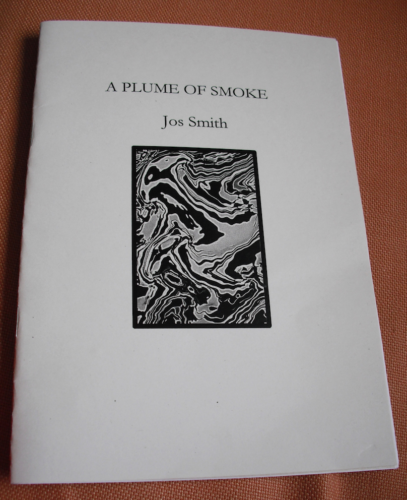 Cream coloured jacked with title of pamphlet in top quarter small capital letters, name of poet smaller again centred below that in lower case. There is a graphic in a rectangular box longways up. This is centred in the middle of the cover. It shows a swirly black and white design that must connect with the 'plume of smoke' in the title.