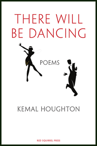 The jacket is white. The title is in large thin sans serif caps, bright red, and centred in the top quarter, two words per line. In the middle there is a silhouette of a man and woman dancing what looks like the Charleston -- a period dance anyway. Between the two dancers the word poems in small black caps. Below the dancers the author's name in slightly larger black caps. All text is centred. The name of the press is centred at the foot of the jacket in tiny red caps.