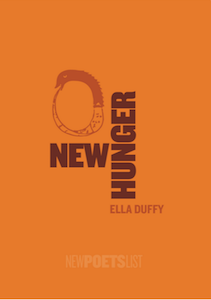 The jacket is bright orange. The two words of the title are in huge thick caps. NEW is in the middle of the jacket. HUNGER is next to each other but runs vertically, so it is at right angles to NEW. These words are dark orange I think, but it could be black. Above the word NEW there is an image which could be a belt, but is certainly a snake with its tail in its mouth. The author's name is very small caps below the H of HUNGER. It runs normally (horizonally) and is in very pale maroon, like the illustration. There is a whitish watermark to the foot of the jacket, easily missed, which says NEWPOETSLIST (all one word)