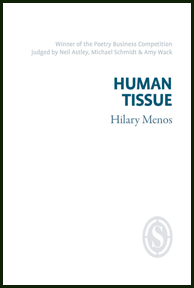 The jacket is pure white. All text is right justified. The author's name (grey) is just above the middle, in a seriffed lower case. Above this the title (HUMAN TISSUE), one word per line, in fairly big (but not huge) sans serif caps of bright blue. The title is in the top third, just above