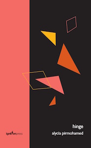 The jacket is two colour bands and these run vertically. The orange band is to the left and occupies about one third of the jacket. The rest is black. The press name is in black at the foot of the orange band. The black area features four coloured triangles (yellow, orange, pink) and two diamonds. The diamonds are simply thin outlines of the shape, orange outlines. One of them overlaps with one of the coloured triangles on one side, and slips into the orange band on the other. Lettering for the pamphlet title and author is white, right justified, bottom right. All is lower case. The title is slightly bigger font size than the author's name.