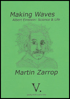 The cover is a middle shade of green, not too dark, so that the black text and line drawing of Einstein show up clearly. The drawing is in the middle and large. The main title is lower case italics near the top, mirrored by the author's name (same size and font) below the drawing. Subtitle (Albert Einstein: Science & Life) is just above Einstein's hair, quite small, dark grey italics. The large V plus dot that is the publisher's logo is centred at the foot of the page.