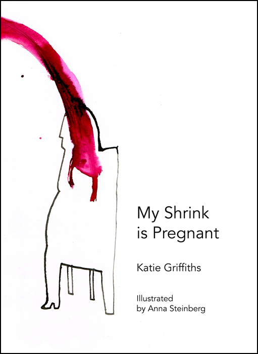 The jacket is white. All text is black and placed towards the right of the cover in the bottom right hand quarter. First the title in large black lower case. Then author's name much smaller. Then the fact that it is 'Illustrated by Aena Steinberg'. To the left of the text there is a wobbly line drawing. It's semi-abstract woman in profile sitting in (I think) a chair. The woman's head reaches up to about two thirds up the jacket. From the top left hand corner of the jacket there's a red spurge of paint that curves outward and then sploshes over the woman's head, dripping down to about her waist.