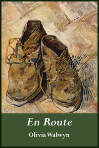 The upper three quarters of the pamphlet is a full colour (but predomantly orangey brown) oil painting of a pair of lace-up, boot-style shoes, well worn. The bottom quarter is a dark green band. This green area holds all the text. First the pamphlet title in large white italicised lower case. Then the author's name, smaller and in normal font. Both these are centred. There is no other text or logo on the front jacket.
