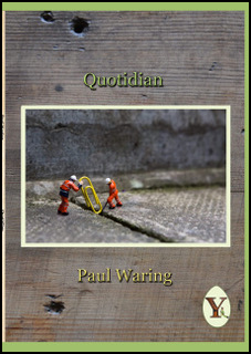 The cover design is quite hard to describe! Top and bottom, and thinner down the right hand side, is a lime green stripe. Against this is set what looks like a piece of planking, a photograph of wood, with holds at top and bottom. In the middle of the plank, rather like a large cigarette card placed horizontally, there is an image of two tiny plastic builders in orange garb. One is holding a yellow paper clip that is as big as he is. The other is digging. The could be standing on a pavement. This picture is outlined with a white band. Centred above the picture is the pamphlet name in lime green lower case. Below the picture, centred, the author's name appears in the same size of lower case but in yellow. The publisher's logo (a large Y in a white oval shape) appears in the bottom right hand corner.