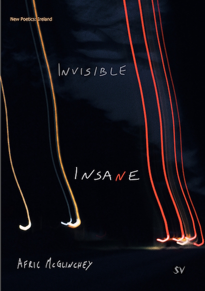 The jacket is black, with what looks like vertical trails of light streaking up from just above the bottom. The two words of the title are separated by several inches, and placed between the light streaks. The font is a kind of handwriting caps. The word INVISIBLE is white or grey. Pale, anyway. The word INSANE is slightly bigger, as though nearer, and much whiter so perhaps bold, and the letter N leans rakishly to the right. The second N is bright red. The author's name, in the same white caps but smaller, appears in the bottom band of the cover which is black. 