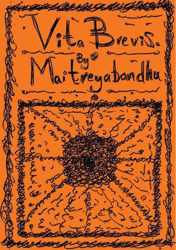 The jacket is orange with an intrricate design in black. All of, the design and the title and author's name looks hand-drawn in a black felt pen with thin line. There is a scribbly edging right round the edge of the jacket. INside this there is a square design in the bottom two thirds, a small blacker square inside a much larger square, with diagonal lines going out dividing the outer area into eight pieces. The text is in the top third and takes up most of the available space. It is underlines with a thin wiggly line and is all in lower case, but with capitals as first letters.