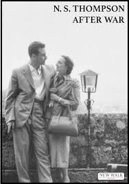 Black and white photo of a couple standing in a street with a lamppost. Top right, black capital lettering