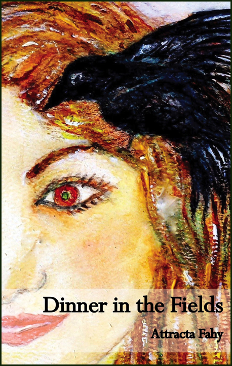 The jacket is richly coloured, almost filled with the painting of a girl's face-- we see one eye (a warm red eye!) and nose and mouth and golden flowing locks. Sitting in her hair, beak pointed towards her forehead, is a black bird. It doesn't look dangerous. The title is right justified near the bottom of the jacket (just above the girl's mouth) in large black lower case letters. The author's name, very much smaller, is right justified below this. 
