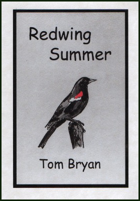 The jacket has a black frame inside a white cover. Inside the frame the background looks perhaps pale blue. In the middle there's a drawing of a redwing in black, with a red patch on the wing. It's sitting on a post. Above this is the title in very large sans serif, first one word left justified, then the second indented a good bit. The author's name is in the same black font but smaller, below the bird.