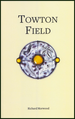 The jacket is pale yellow, with a circular image bang in the middle. This is what looks like a shield, with a yellow stone at its centre and to the right and left of the shield edge. The title of the pamphlet is in large seriphed caps, one word per line, in the centre of the top third. The author's name is in black (all print is black) and centred at the foot of the jacket. The author's name is lower case and very small. Almost insignificant.