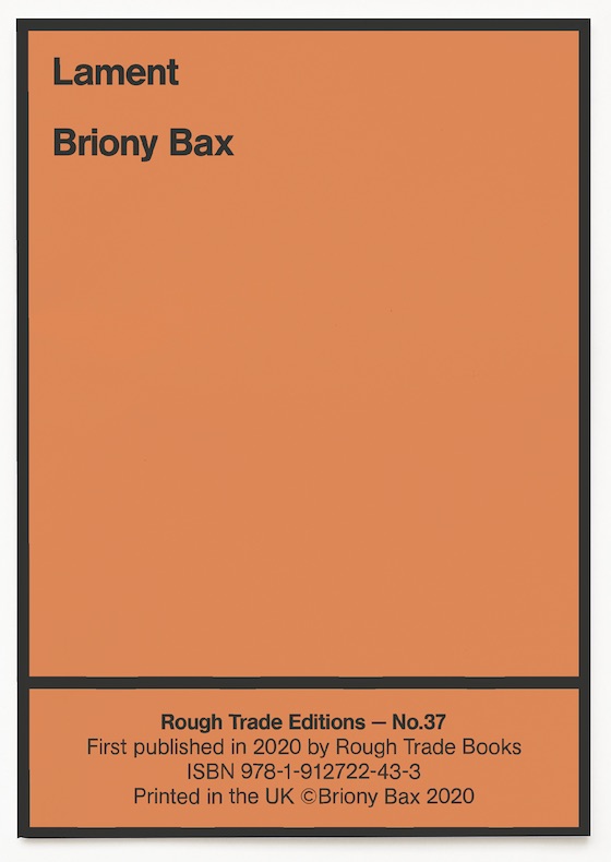 The jacket is orange and outlined in a thick black line. The same thick black formatting is used for the title and author's name, both of which are in the top left hand corner, left justified, the author name very slightly bigger than the title. The bottom two inches of so of the jacket is its own outlined rectangle, inside which are the publication details (in a small regular font) that you would more usually find on the acknowledgements page.