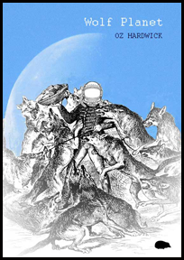 The jacket is mostly taken up with a complex monochrome pen and ink drawing, set against a pale blue sky with a great planet or moon curving behind it.The drawing features a central human fdigure, but faceless, and there seem to be various wolves leaping at him or around him. The title is right justified in the top right hand corner, in the sky. Lettering of the title is white. Below it, also right justified but in smaller caps, is the name of the author in black.