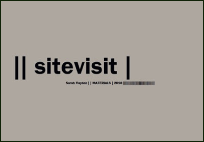 The publication is a large grey rectangle. The title is in huge lowercase lettering, left justified and placed in the middle. Before the title are two short vertical lines, and a single of the same lines after it. Below this, in tiny black print and commencing under the e of 'sitevisit' is the author's name, in regular font, then two vertical uprights, then the publisher name, then a single vertical, then the date, then a long string of vertical lines (all of this very small indeed). No other imagery or marking on the jacket.