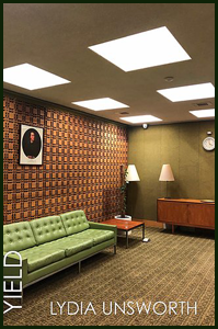 The jacket is a full colour photograph, and at first that's how you see it -- as a photo, not a jacket. It shows a 1970s type room, or one side of it, with lit panels in the ceiling, one green wall, one highly patterned on, a rather nasty green plastic couch, a long one, with a coffee table at one end. Two lamps, and a low wooden cupboard. The carpet is that thin hard-wearing carpet you used to see in some offices. There is a clock high on the end wall. The title of the pamphlet is left justified and runs vertically upwards bottom left. The letters are not huge and appear over the couch. The author's name, also in caps, but paler and smaller, runs horizontally at the foot of the jacket (on the carpet.)