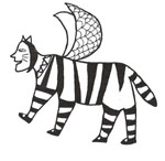 A black and white drawing of a smiling Sphinx with a tiger-striped body and fairy-like wings.