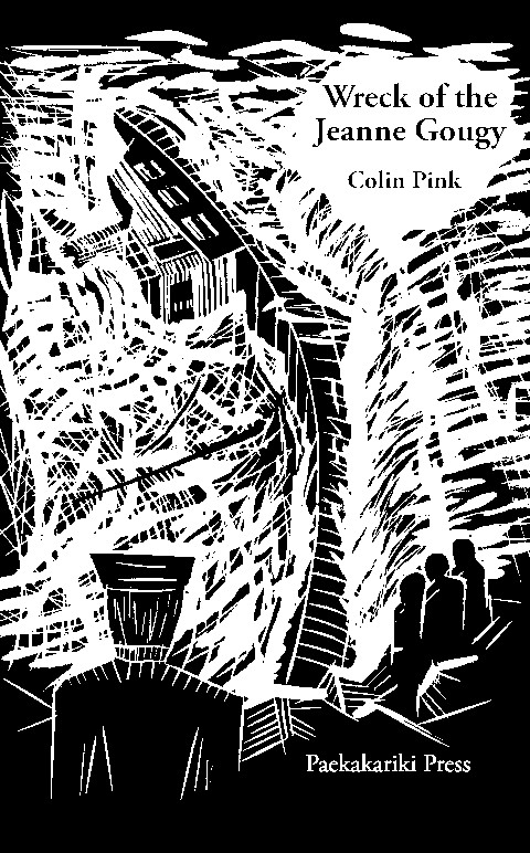 The jacket is fully illustrated with a monchrome woodcut image of a ship going down at sea, many white lines for splashing and foam, a man with a cap watching the ship going down from a higher level, above some houses, and smaller images of people lower down. The title and author's name are in black lower case in a white bubble in the top right corner. The name of the press is in smaller white lower case bottom right, over the black houses.
