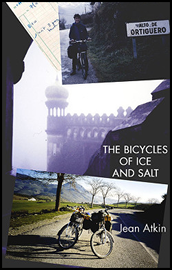 The jacket is a collage of colour photographs, placed slightly rakishly on the page. The bottom picture is most colourful and centres a bicycle with baggage in the middle of an empty road stretching away into mountains and trees. Gorgeous. Above this a faded picture of a city scene perhaps with the onion tower of perhaps a mosque. At the top a woman on a bike near a place name sign. The collection title is right justified in largish white caps over a dark building in the city scene. The author's name is in white lower case, right justified, next to the bottom bike.