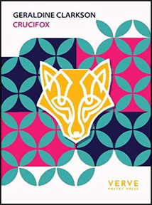 Trademark pamphlet design colours for Verve: white background, central design in pink, turquoise, dark blue and mustard. The graphic fills most of the cover and shows a fox's fax against a wallpaper of blue petals/leaves in a cross shape, and set against panels of pink and dark blue. The author's name and pamphlet title are in small caps, left justifed, in the top left hand corner, against a white background. Author's name dark blue. Title in pink. The bottom right hand corner holds the publisher's name in mustardy yellow.