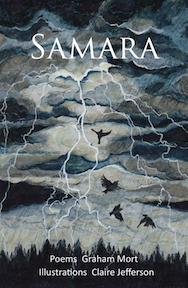 The jacket seems to be a painting in dark greys, black and blue. It shows a cloudy sky, with multiple lines of lighting forking down. Flying up are shapes of black birds. Towards the foot of the page the clouds are darker, and at the bottom there's a dark area of fir trees, against which, in white, the words are centred: Poems Graham Mort, and below this ILlustrations Claire Jefferson. The main title is in very large white caps at the top of the jacket, against the clouds, also in white, like the lightning.
