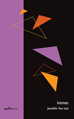 The jacket follows the ignition press house style of a colour division, made vertically, with the first stripe being purple (a quarter of the jacket), then the rest black. Over the black, there are floating triangles, two of them just orange outlines, one in purple, two in different shades of orange. Two of the triangles overlap into the purple stripe. Bottom right in the black section the name of the pamphlet (KISMET) appears in while, sans serif lower case letters. Not big but large enough to be easily read since it's white on black. Below this, again justified right, the name of the author in the same font but a couple of sizes smaller. The name of the press is in black on the purple stripe in line with the author's name.