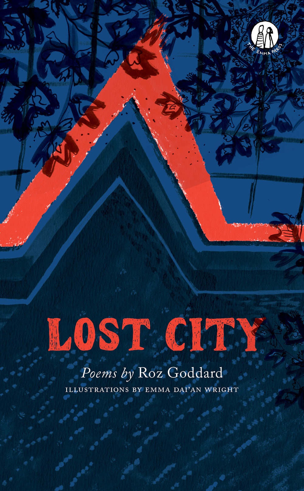Deep blue and red painted cover of an overgrown building. Red lettering for title, smaller white for author