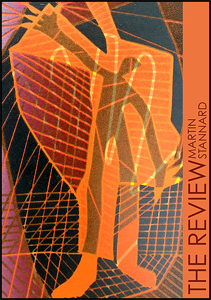 The main jacket features a full jacket design in orange, red, grey, lemon yellow and black of a man reaching into a network of threads and cross-threads. The right hand side of the jacket is a solid orange vertical band. On this the title and the author's name appear running vertically, from left to right. First the title, large dark red caps, then the author's name, much small and one word above the other in a faded version of the same colour.
